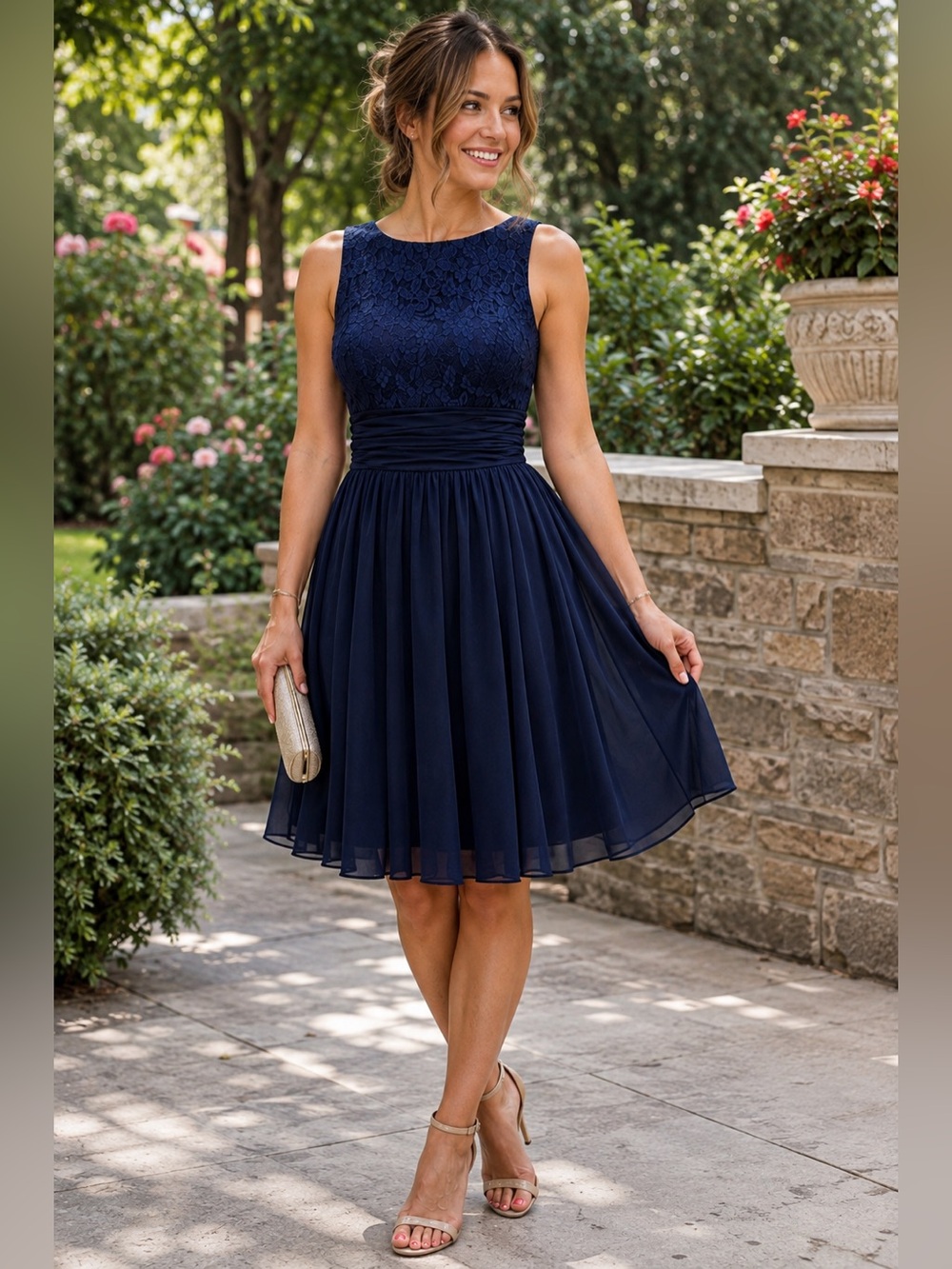JH Evening Navy Lace Chiffon Cocktail Dress Size 4 Wedding Guest A-Line